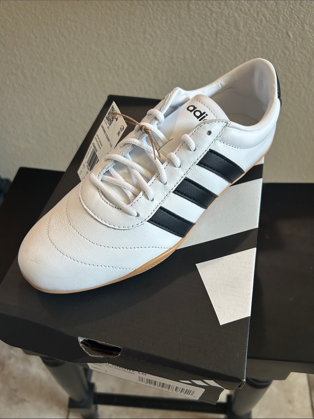adidas Women’s White Sneakers with Black Stripes and Gum Sole 8